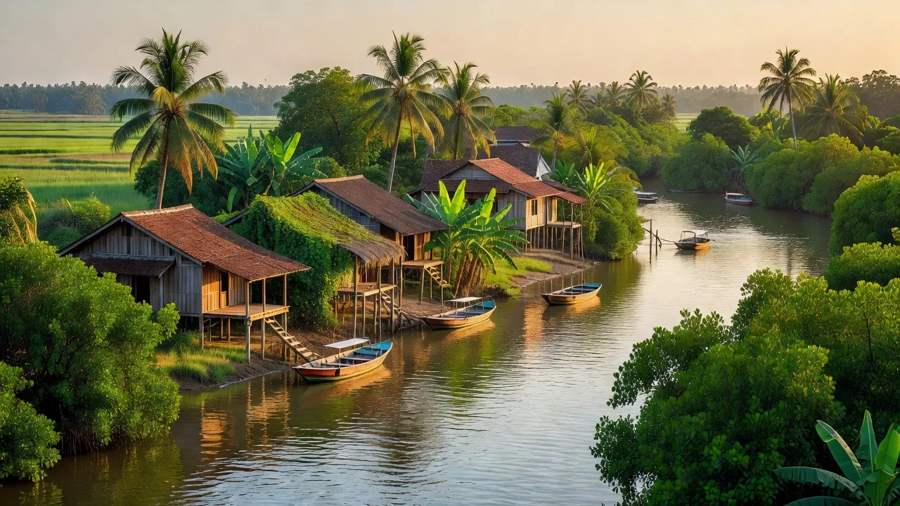 Khung cảnh thị trấn Gò Quao, huyện Gò Quao, tỉnh Kiên Giang với nhà cửa và sông nước xanh tươi.