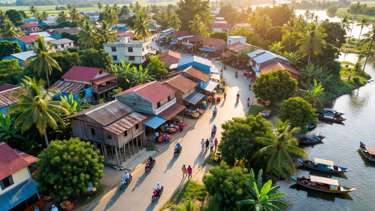 Khung cảnh thị trấn Gò Quao, kiến trúc dân cư, cây cối xanh mát, tại Kiên Giang.