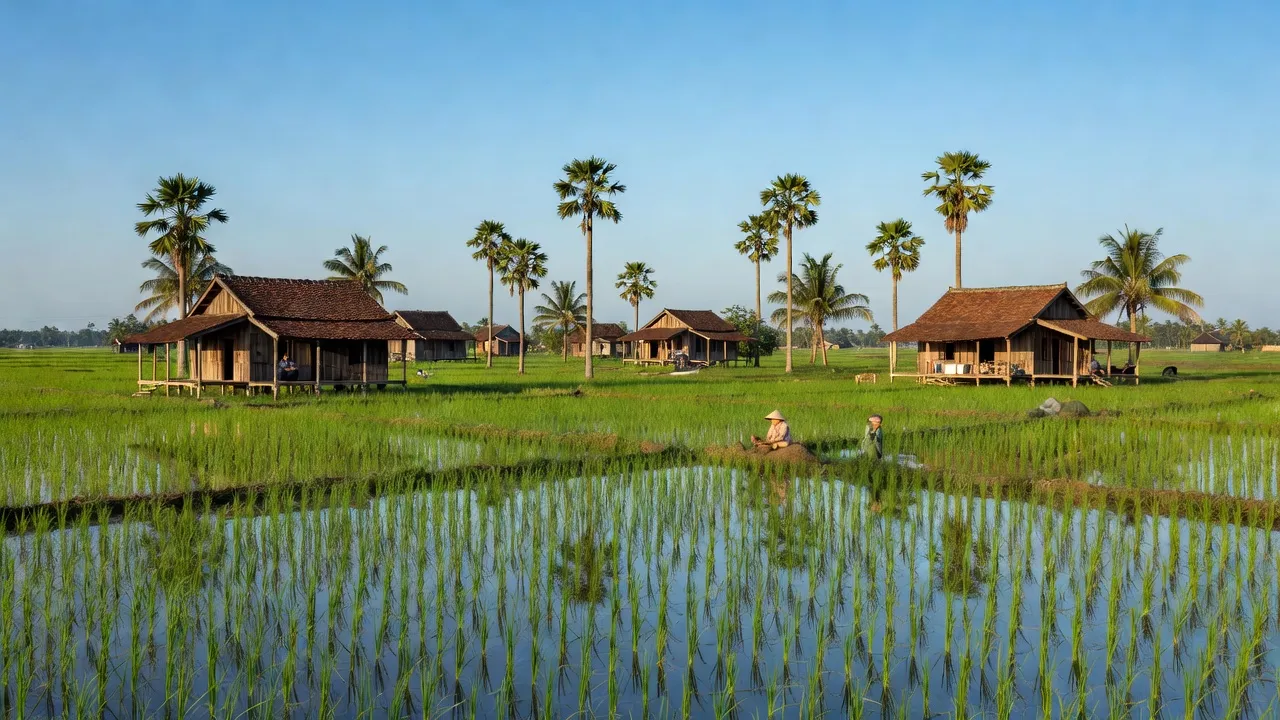 Cảnh đẹp xã Thới Quản, huyện Gò Quao, tỉnh Kiên Giang với cánh đồng lúa và nhà truyền thống.