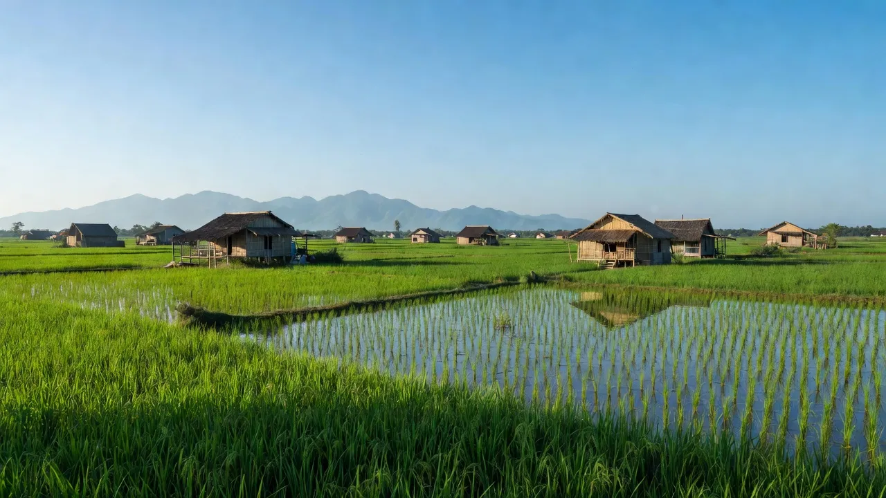 Khung cảnh yên bình xã Thới Quản, huyện Gò Quao, tỉnh Kiên Giang với ruộng xanh và nhà nhỏ.