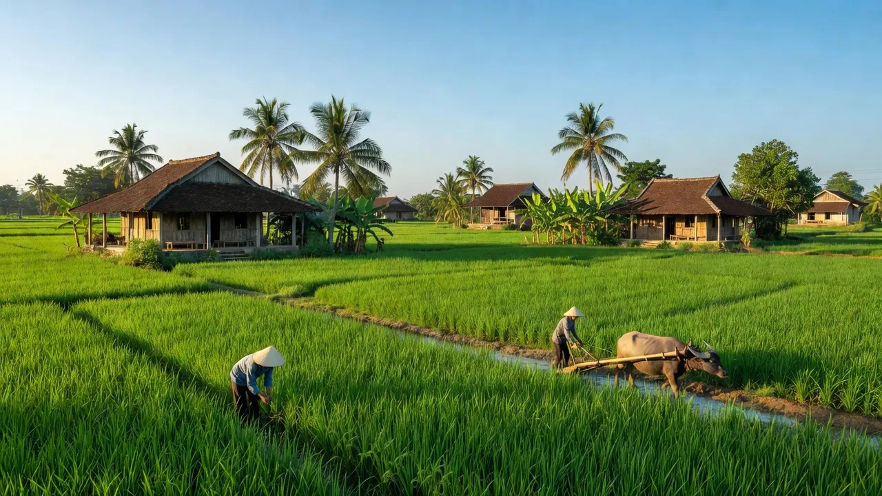 Khung cảnh thanh bình của xã Thủy Liễu, huyện Gò Quao, tỉnh Kiên Giang với cánh đồng xanh.