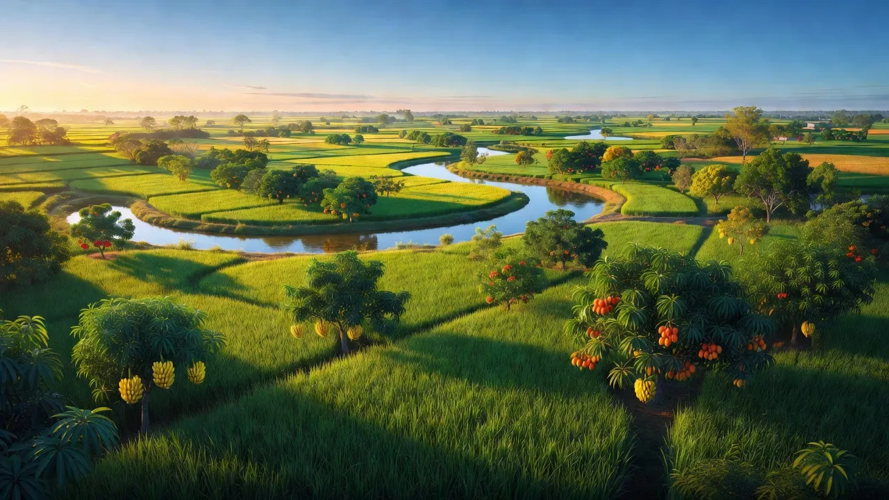 Cảnh đồng ruộng và sông tại xã Vĩnh Phước A, Gò Quao, Kiên Giang với cây trái phong phú.
