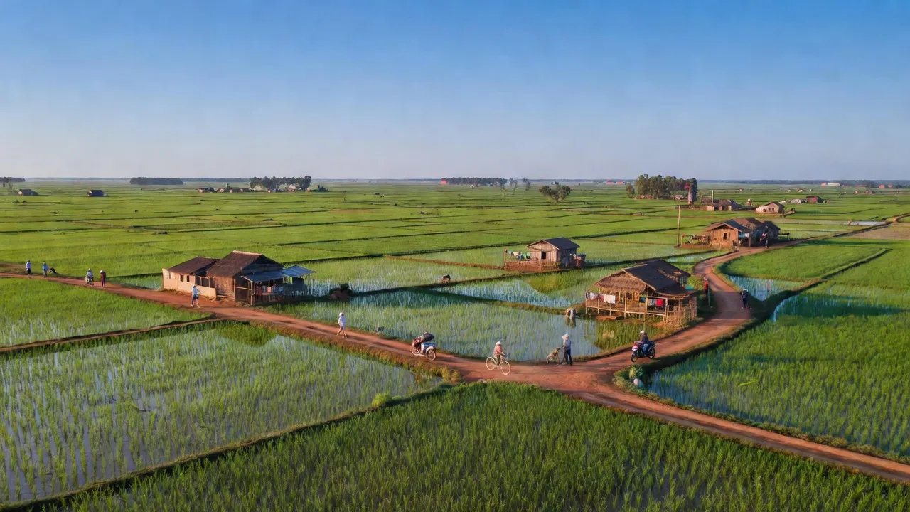 Cảnh quan nông thôn Vĩnh Phước B, Gò Quao, Kiên Giang với đồng lúa và đường giao thông.