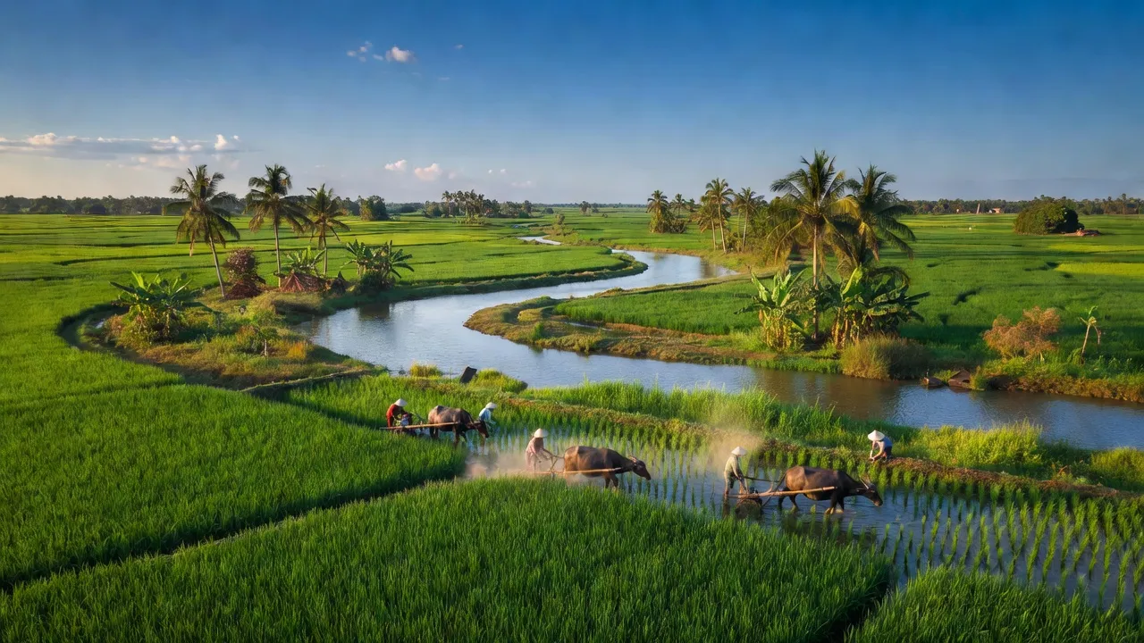 Cảnh làng quê yên bình tại xã Vĩnh Thắng, huyện Gò Quao, tỉnh Kiên Giang với đồng ruộng và sông.