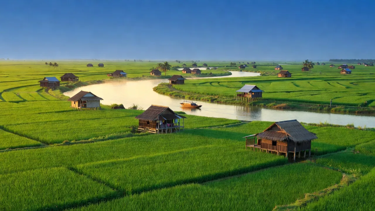 Cảnh quan xã Vĩnh Tuy, Gò Quao, Kiên Giang với đồng ruộng xanh tươi và sông Cái Lớn.
