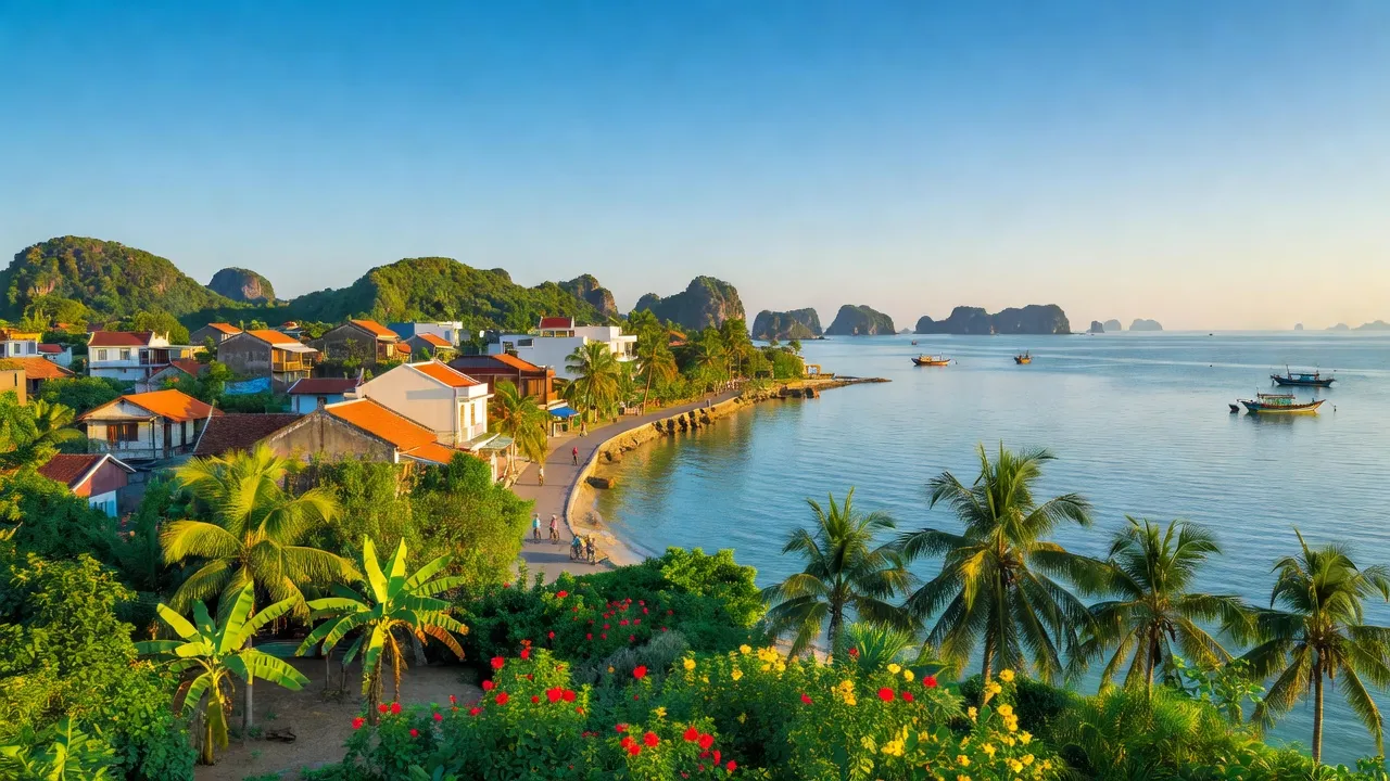 Khung cảnh thành phố Hà Tiên, Kiên Giang với biển xanh và kiến trúc địa phương hấp dẫn.