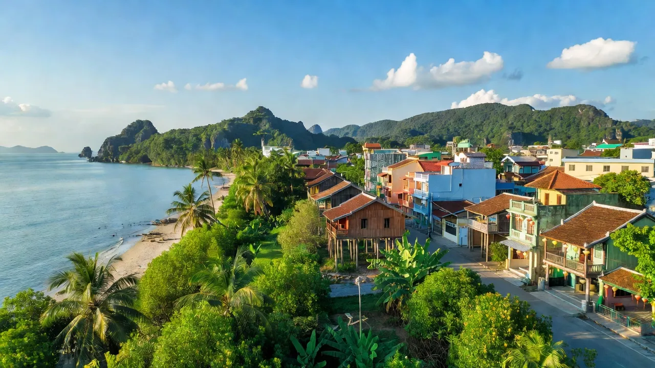 Khung cảnh thành phố Hà Tiên, tỉnh Kiên Giang, với biển xanh và kiến trúc đặc trưng.