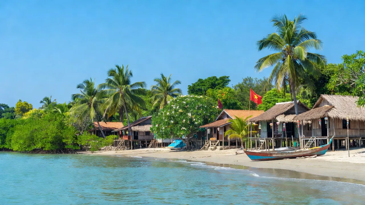 Khung cảnh đẹp tại phường Đông Hồ, Hà Tiên, Kiên Giang với bờ biển và cây cối xanh tươi.