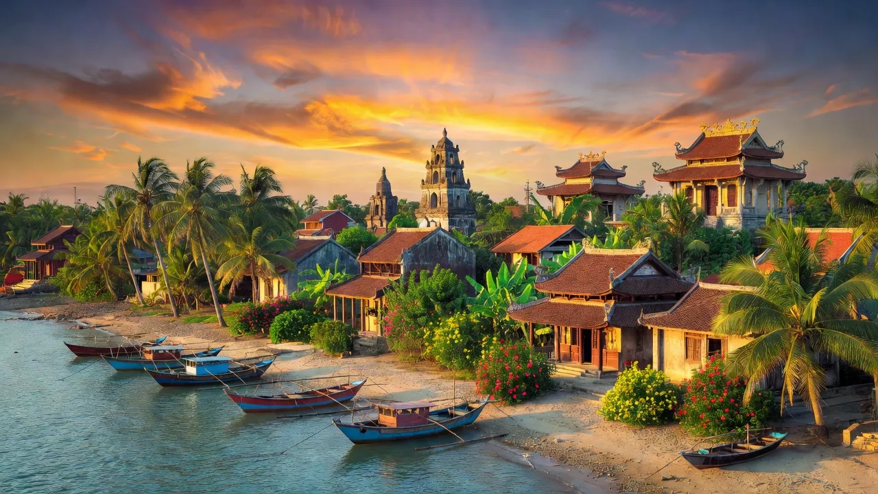 Khung cảnh Đông Hồ, Hà Tiên với bờ biển, nhà truyền thống và cảnh hoàng hôn. Đông Hồ, Kiên Giang.