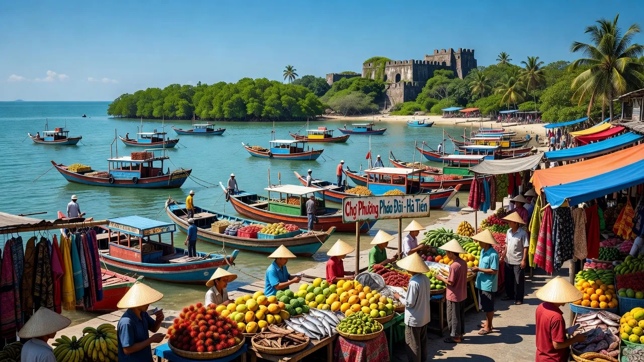 Cảnh đẹp Phường Pháo Đài, thành phố Hà Tiên, tỉnh Kiên Giang, với hoạt động thương mại ven biển.