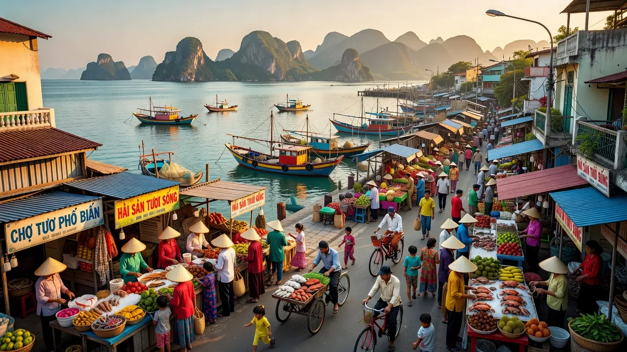 Khung cảnh Phường Pháo Đài, Hà Tiên, Kiên Giang với chợ địa phương và cuộc sống ven biển.