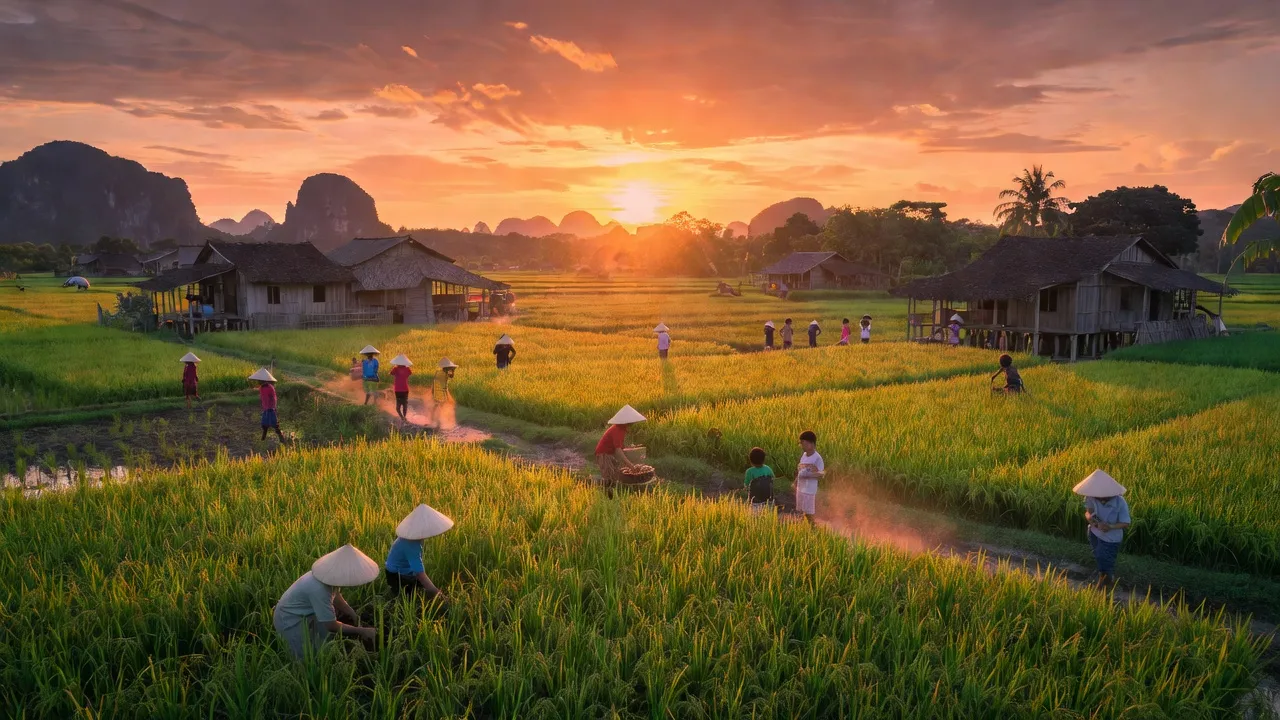 Khung cảnh Xã Thuận Yên, Thành phố Hà Tiên, với cánh đồng xanh và hoạt động cộng đồng sôi nổi.