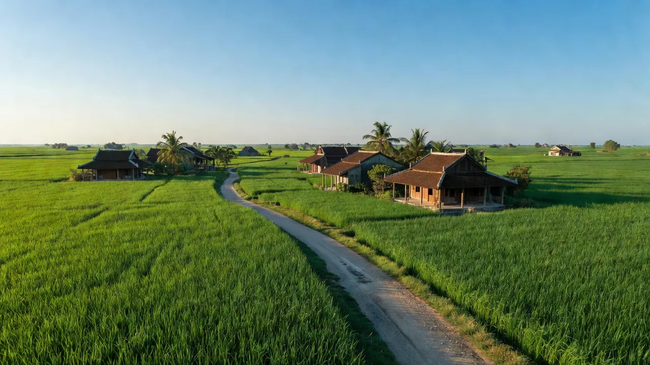 Phong cảnh xã Thuận Yên, Hà Tiên với cánh đồng xanh và trời trong, thể hiện sự bình yên.