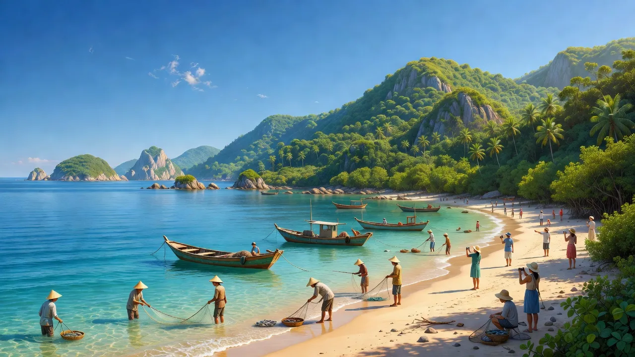 Cảnh đẹp xã Tiên Hải, Hà Tiên, Kiên Giang với đảo, bờ biển và người dân làm nghề biển.