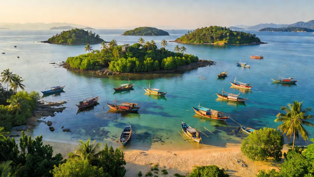 Khung cảnh yên bình tại xã Tiên Hải, Thành phố Hà Tiên, tỉnh Kiên Giang với đảo và biển đẹp.
