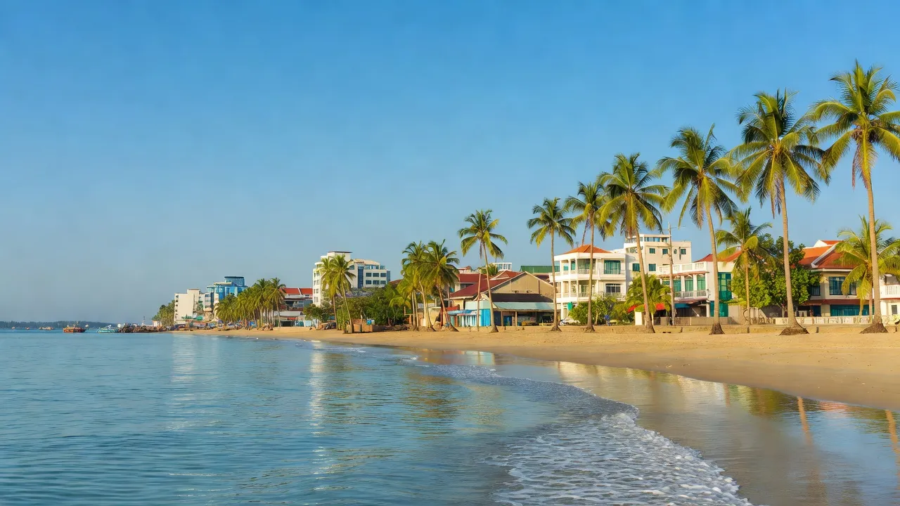 Quang cảnh yên bình tại phường Tô Châu, Hà Tiên, Kiên Giang với cây cọ và biển cả.