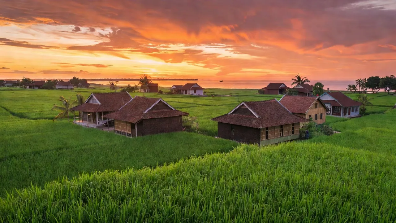 Cảnh đẹp xã Bình Giang, huyện Hòn Đất, với đồng xanh và nhà truyền thống bên Vịnh Thái Lan.