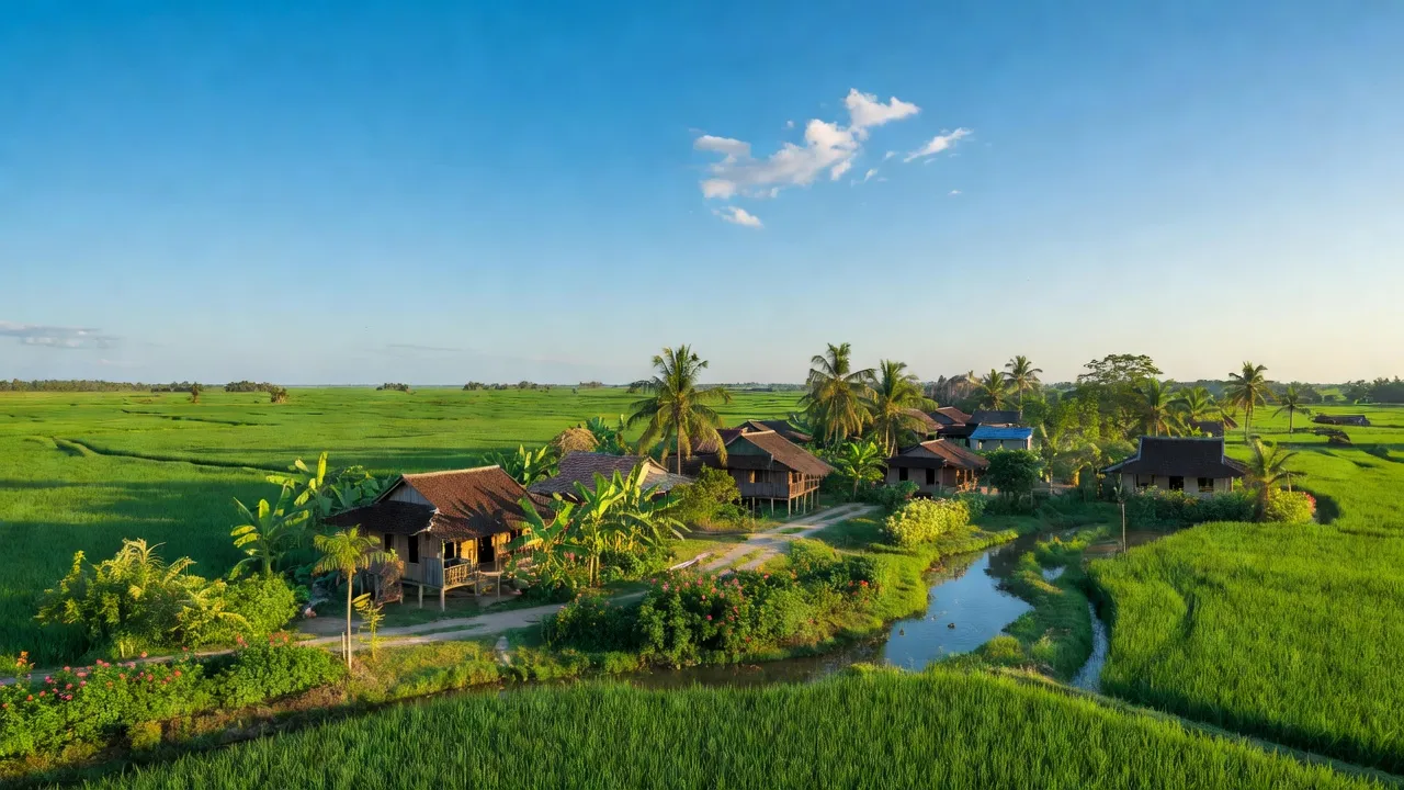Cảnh quan xã Bình Giang, huyện Hòn Đất, Kiên Giang với cánh đồng xanh và bầu trời trong sáng.