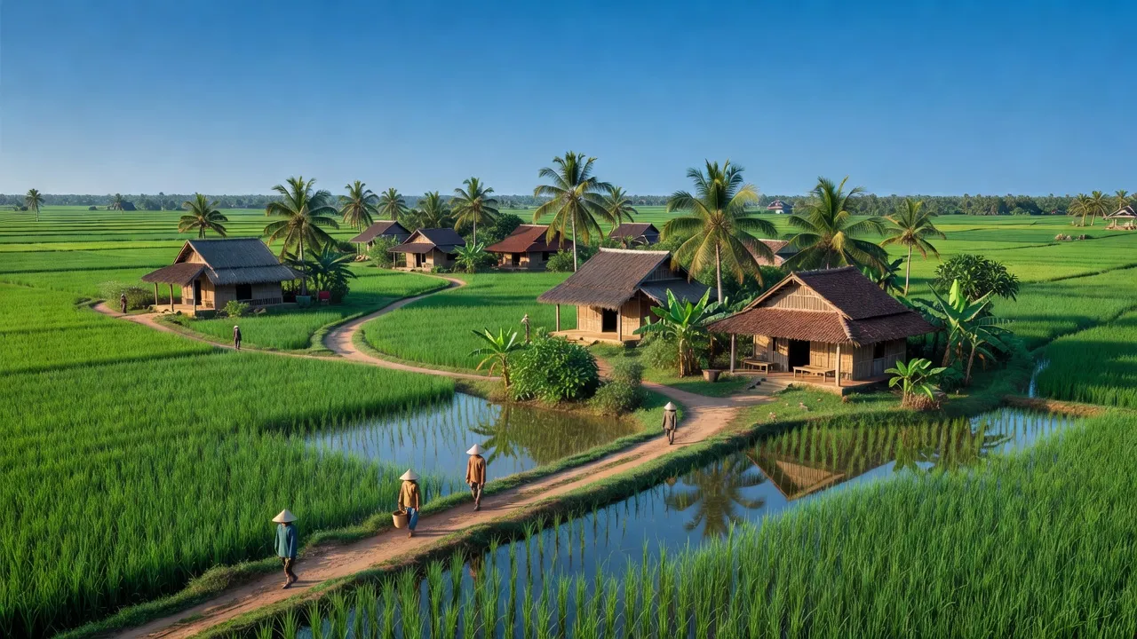 Cảnh đẹp xã Mỹ Phước, huyện Hòn Đất, tỉnh Kiên Giang với đồng lúa xanh và nhà truyền thống.