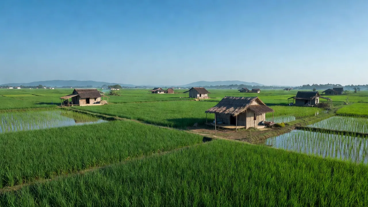 Cảnh đẹp xã Mỹ Phước, huyện Hòn Đất, tỉnh Kiên Giang với đồng ruộng xanh tươi và nhà nông thôn.
