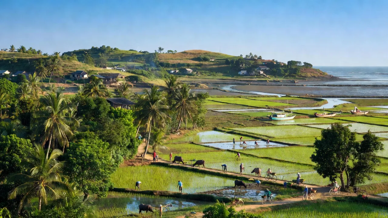Khung cảnh xã Mỹ Thái, huyện Hòn Đất, Kiên Giang với thiên nhiên xanh tươi và hoạt động nông nghiệp.