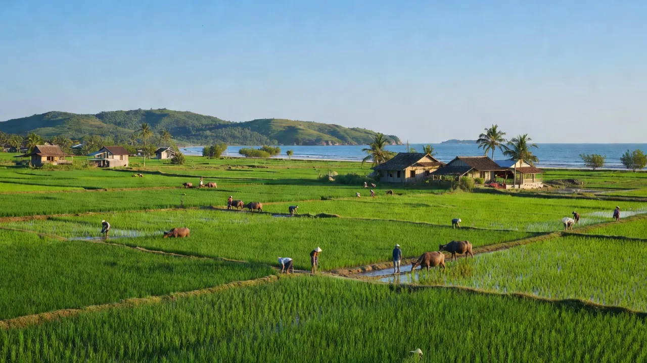 Nông thôn tại Mỹ Thái, Hòn Đất, Kiên Giang với cánh đồng xanh mướt và nhà cửa ven biển.