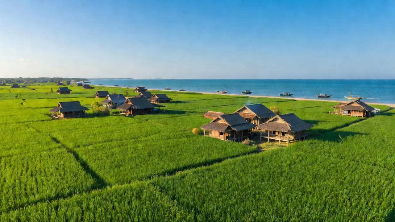 Cảnh đẹp xã Mỹ Thuận, huyện Hòn Đất, Kiên Giang, với đồng xanh và vịnh Thái Lan gần kề.