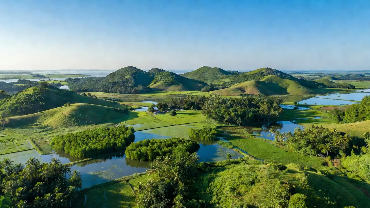 Cảnh đẹp xã Nam Thái Sơn, huyện Hòn Đất, Kiên Giang với đồi núi và cây cối xanh tươi.