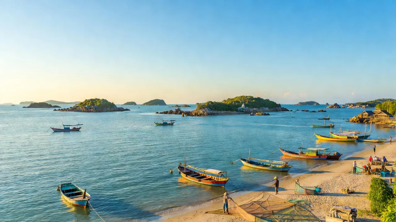 Khung cảnh huyện Kiên Hải, Kiên Giang với biển xanh, đảo và bầu trời trong sáng, thiên nhiên tuyệt đẹp.