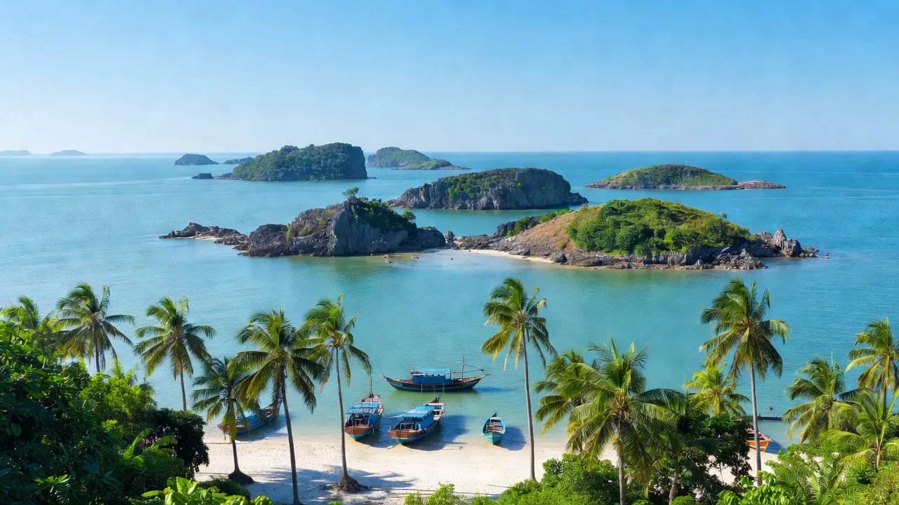 Khu vực Xã An Sơn, huyện Kiên Hải, Kiên Giang với các hòn đảo và bờ biển đẹp.