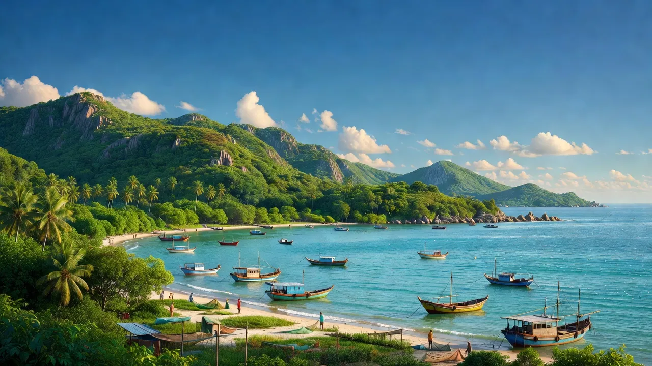 Cảnh biển và thuyền cá ở Xã Hòn Tre, Kiên Hải, Kiên Giang, cuộc sống yên bình nơi đảo.