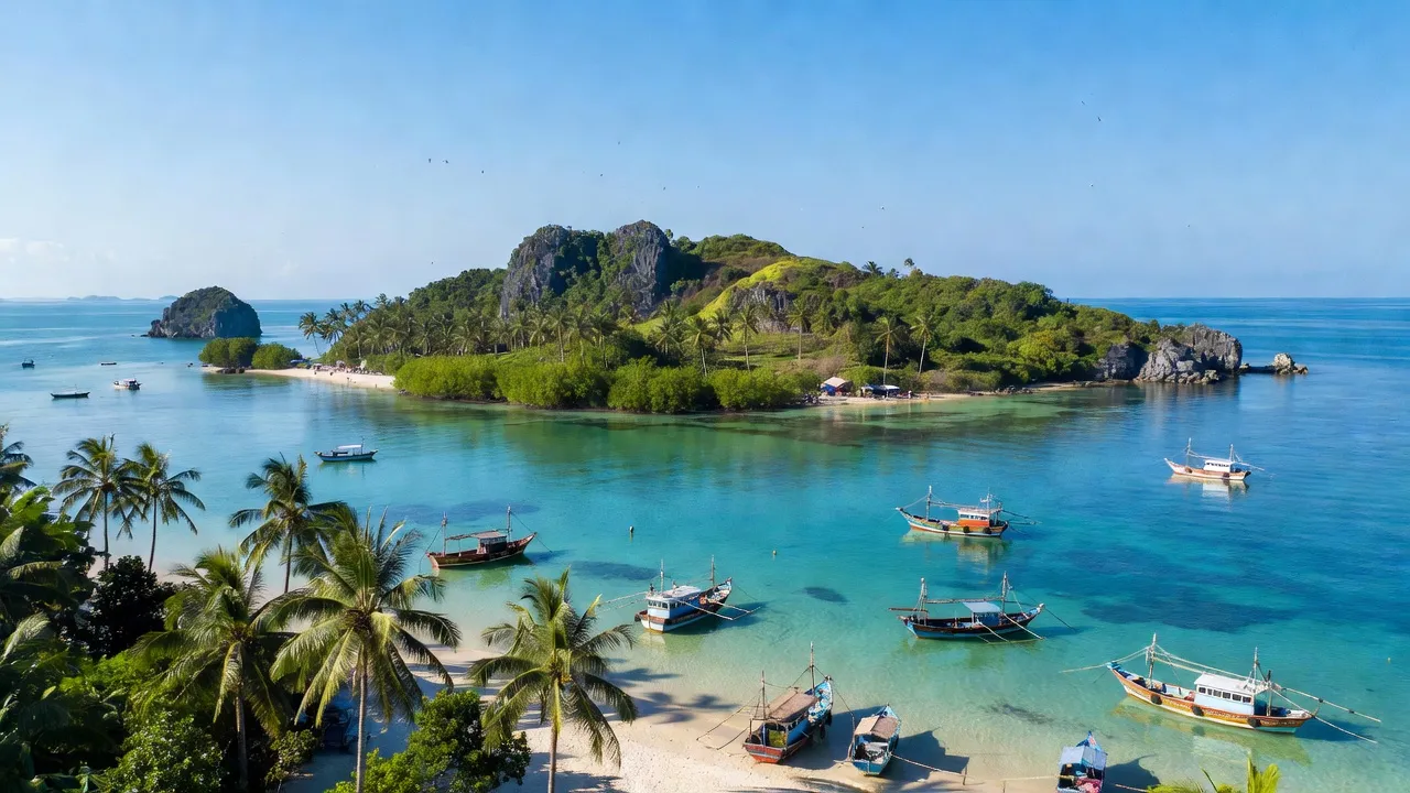 Khung cảnh xã Hòn Tre, huyện Kiên Hải, tỉnh Kiên Giang với biển xanh, cây cối xanh tươi.
