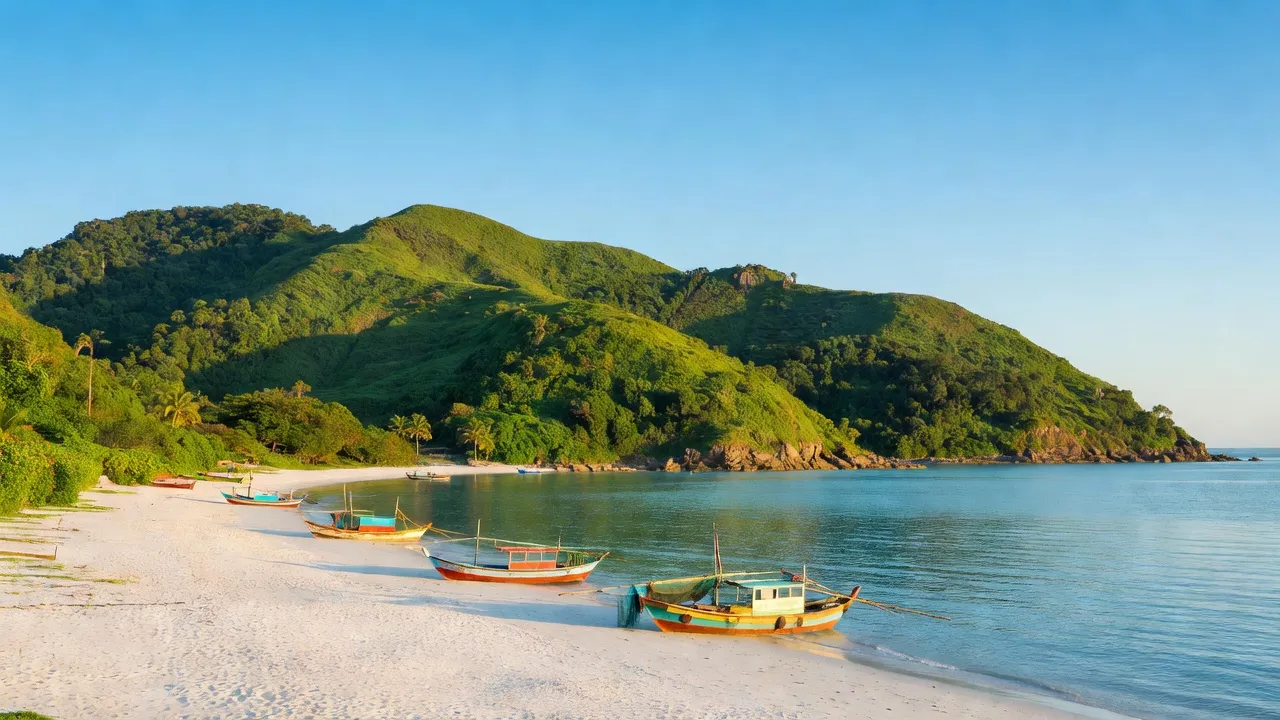 Nam Du island with green hills, sandy beaches, and fishing boats in Kiên Giang, Vietnam.