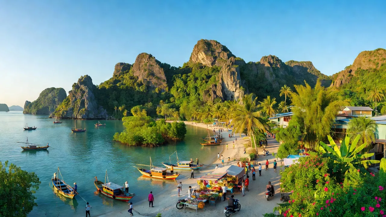 Khung cảnh huyện Kiên Lương, tỉnh Kiên Giang với núi đá vôi và cuộc sống địa phương nhộn nhịp.