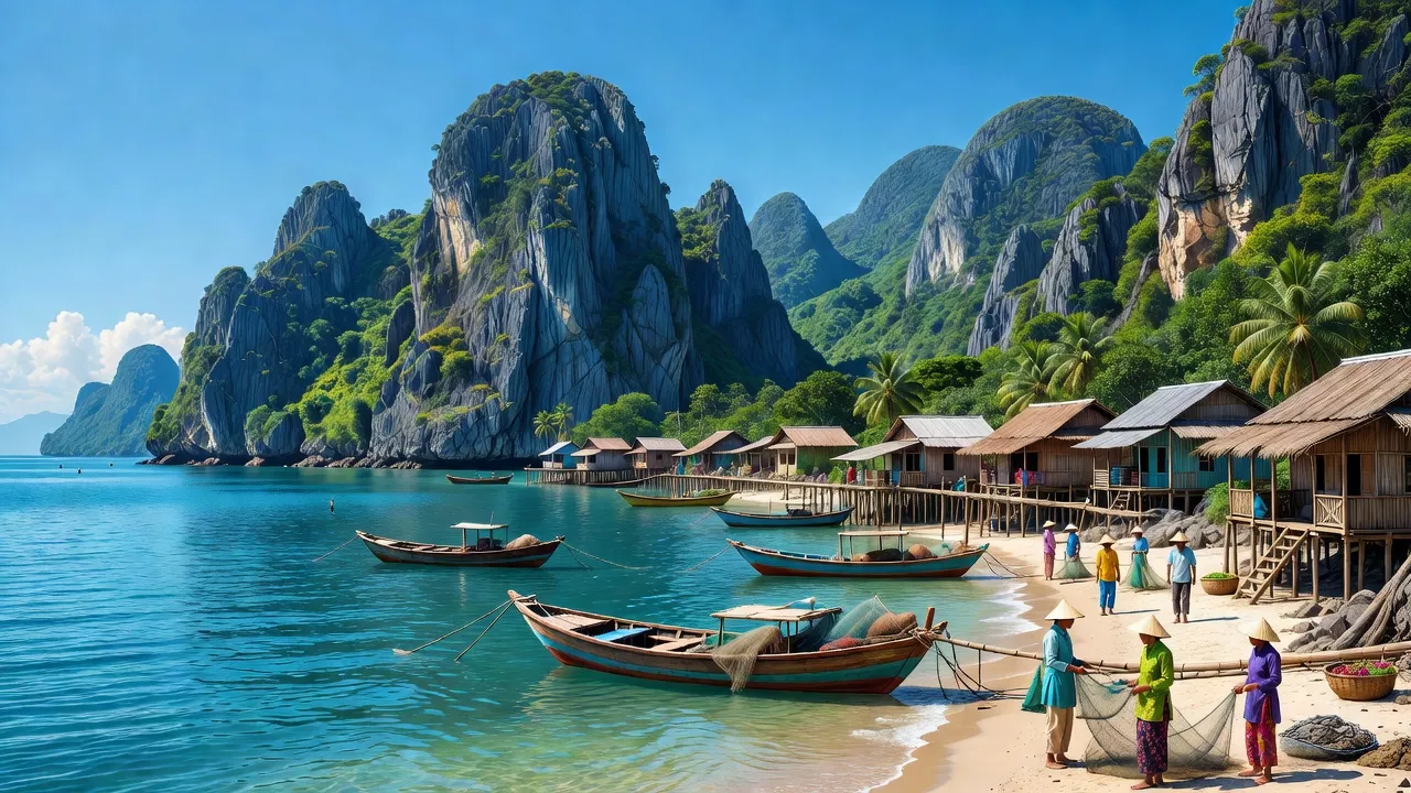 Phong cảnh huyện Kiên Lương, Kiên Giang với núi đá vôi và biển thanh bình.