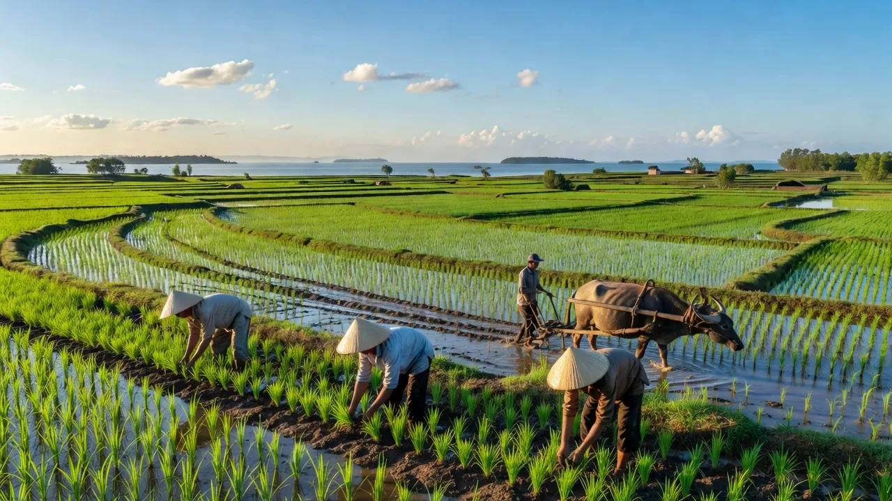 Khung cảnh xanh tươi của xã Bình An, huyện Kiên Lương, Kiên Giang với cánh đồng lúa và người nông dân.