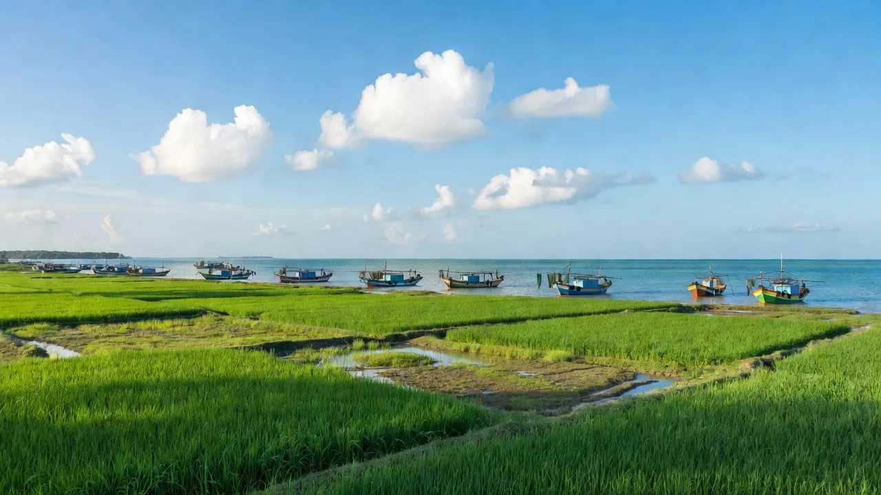 Khung cảnh xã Bình Trị, huyện Kiên Lương, tỉnh Kiên Giang với đồng xanh và thuyền đánh cá.