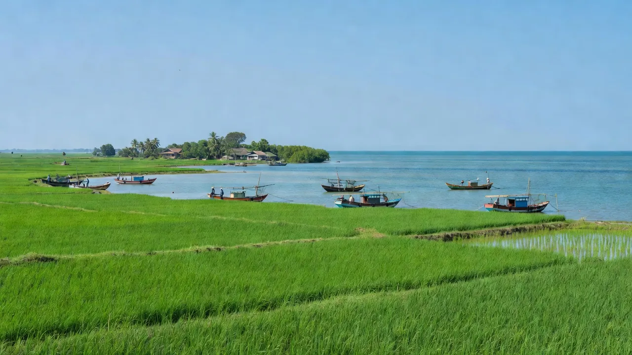 Cảnh đẹp xã Hòa Điền, huyện Kiên Lương với đồng lúa xanh và biển cả trong nền.