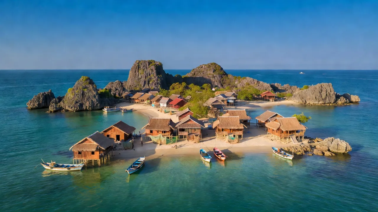 Phong cảnh xã Hòn Nghệ, huyện Kiên Lương, tỉnh Kiên Giang, biển xanh và nhà truyền thống.