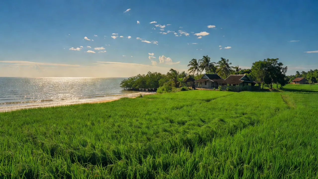 Cảnh sắc xã Kiên Bình, huyện Kiên Lương, tỉnh Kiên Giang với cánh đồng và bầu trời trong xanh.
