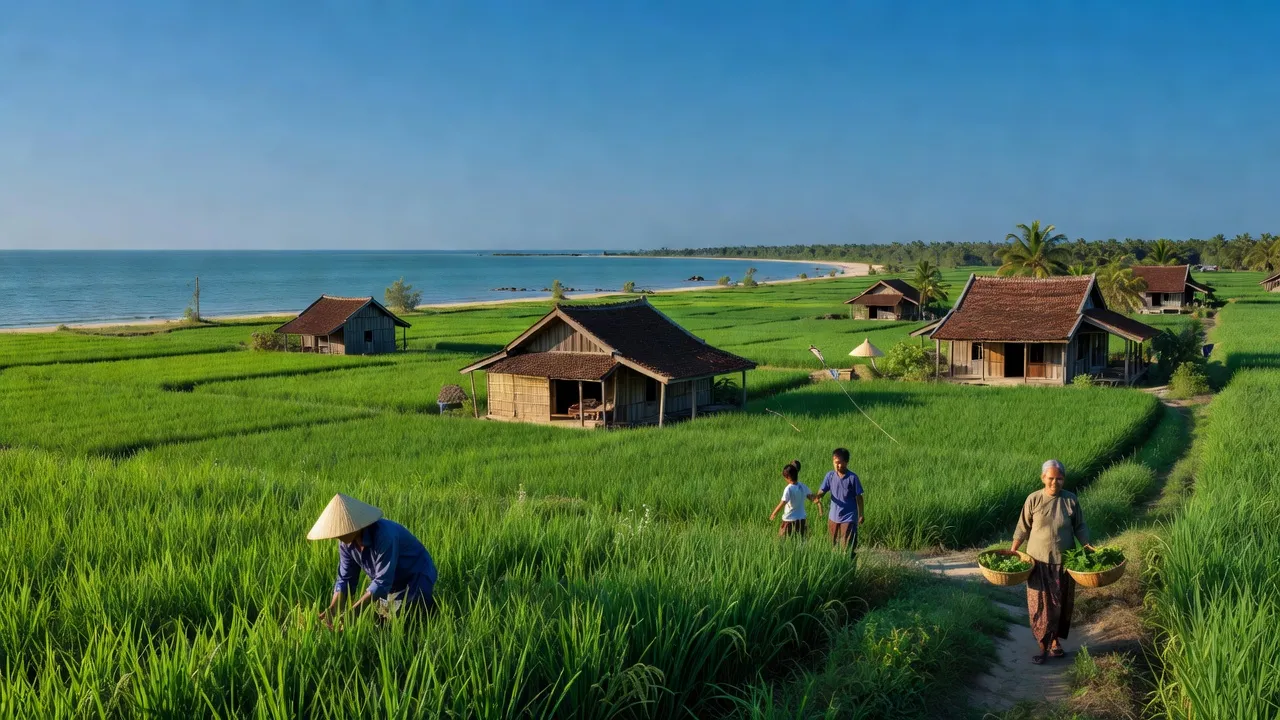 Khung cảnh Xã Kiên Bình, Kiên Lương, Kiên Giang với cánh đồng xanh và bờ biển yên bình.