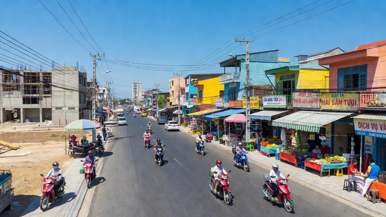 Khu vực đô thị An Thới, Phú Quốc, Kiên Giang với hạ tầng phát triển và đường phố nhộn nhịp.