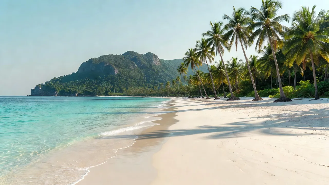 Bãi biển Bãi Thơm với cát trắng và núi Ông Diện, thuộc Phú Quốc, Kiên Giang, tuyệt đẹp.