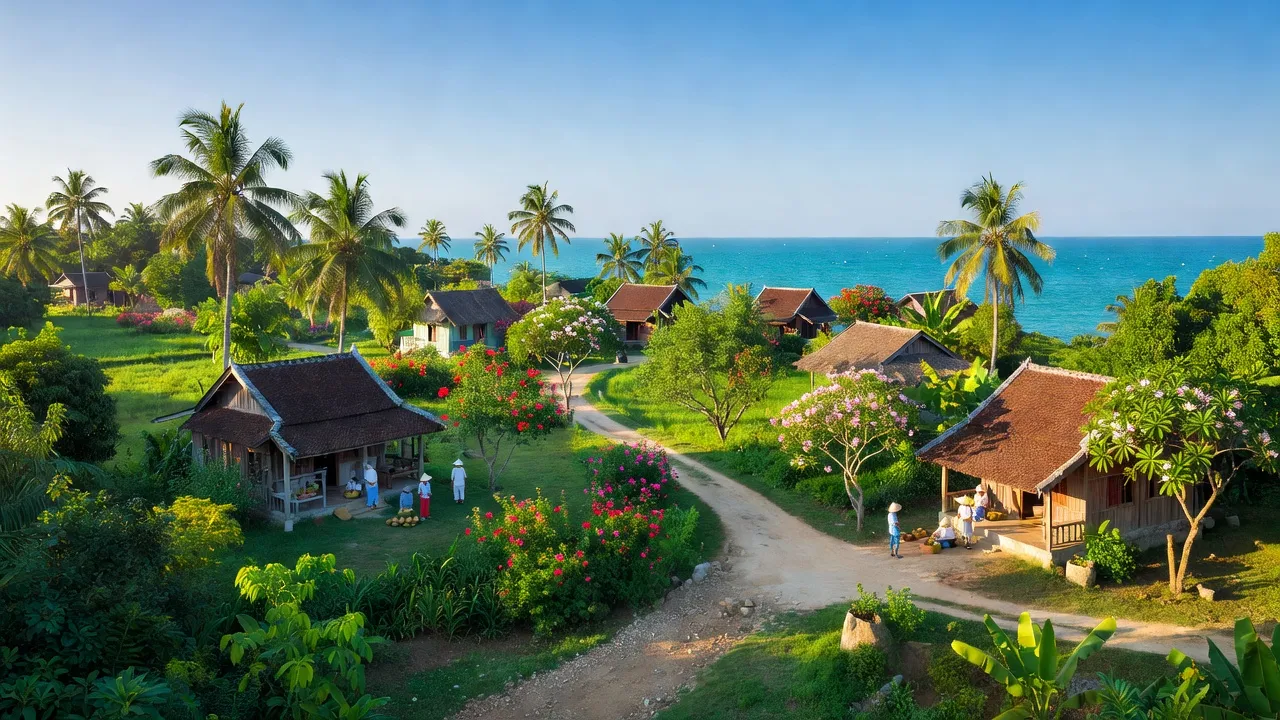 Cửa Dương village in Phú Quốc, Kiên Giang, featuring lush landscapes and traditional houses.