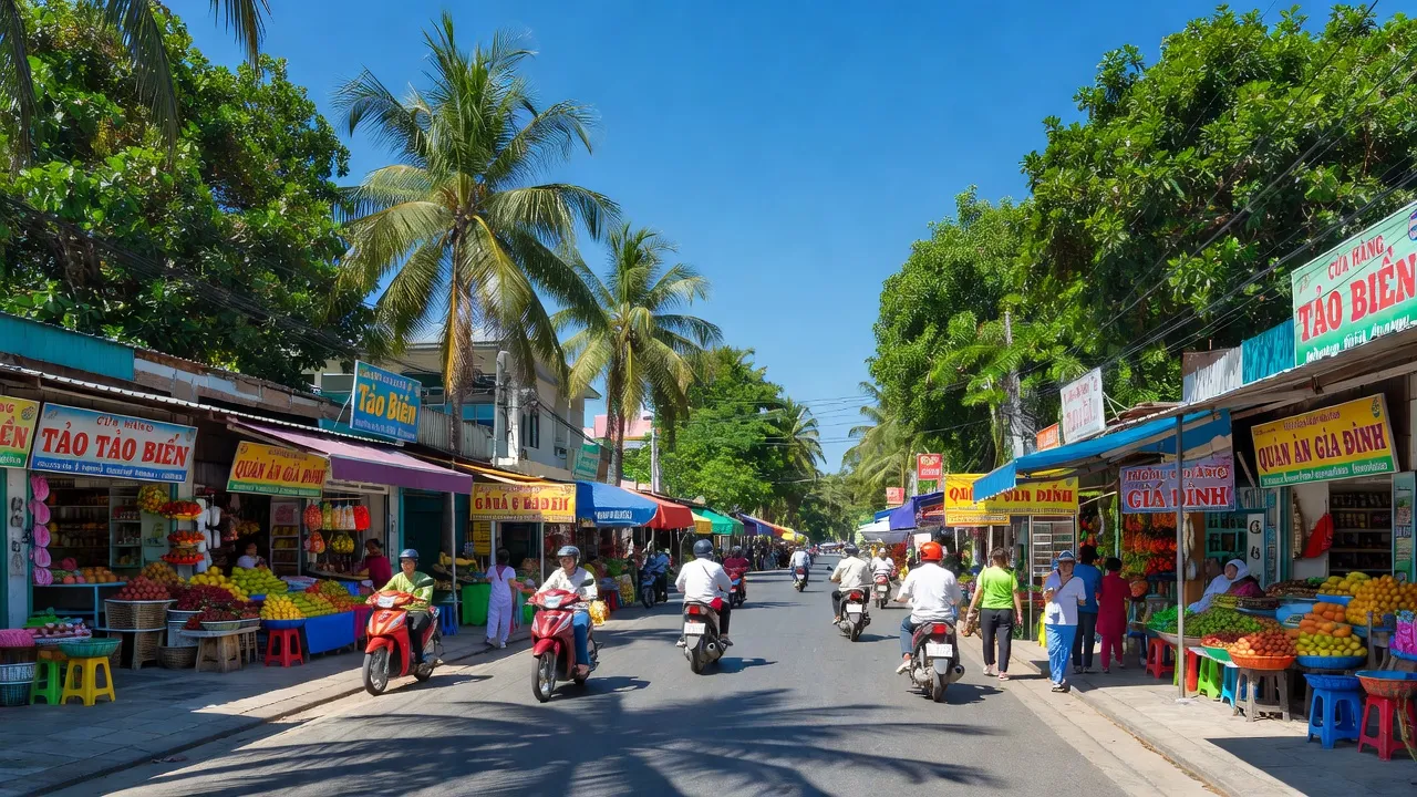 Phường Dương Đông, Phú Quốc với đường phố nhộn nhịp, cây cối và bầu trời xanh, Kiên Giang