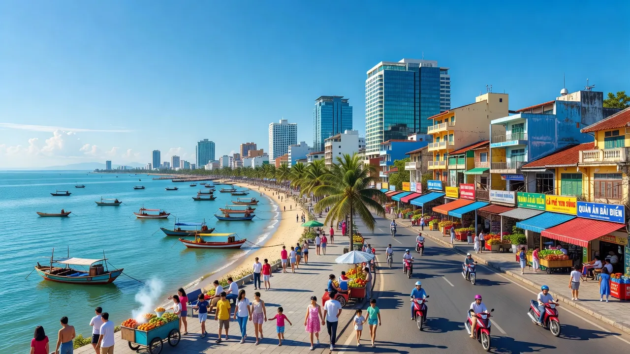 Khung cảnh thành phố Rạch Giá, Kiên Giang với biển, đường phố nhộn nhịp và cuộc sống hàng ngày.