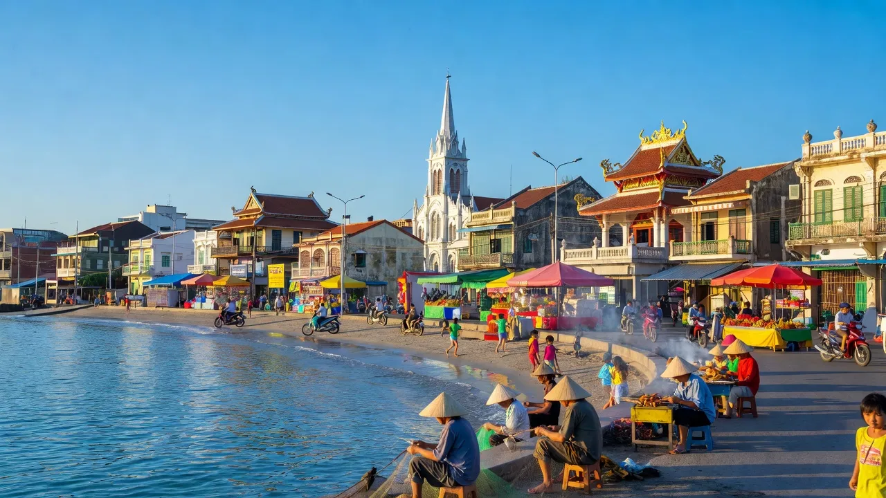 Khung cảnh thành phố Rạch Giá, tỉnh Kiên Giang với bãi biển và kiến trúc độc đáo, thu hút du khách.