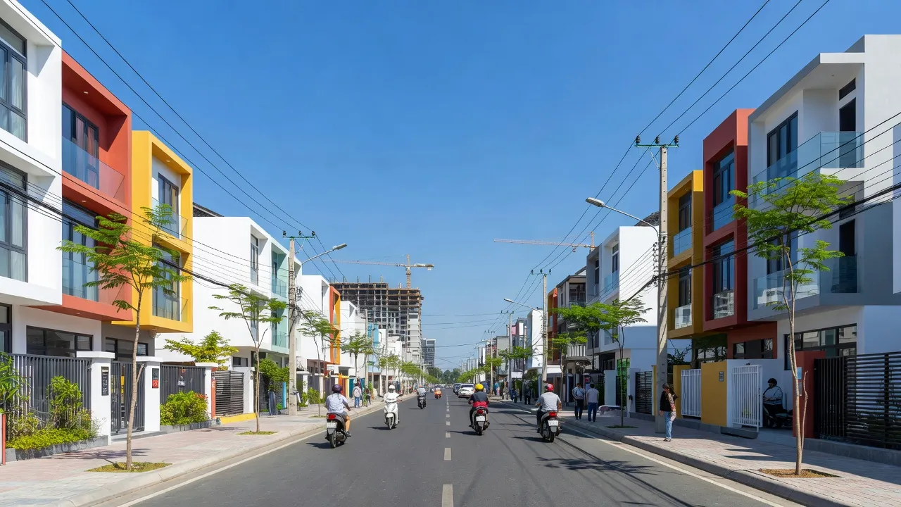 Cảnh đường phố Phường An Bình, Thành phố Rạch Giá với dự án nhà ở hiện đại và trời trong xanh.