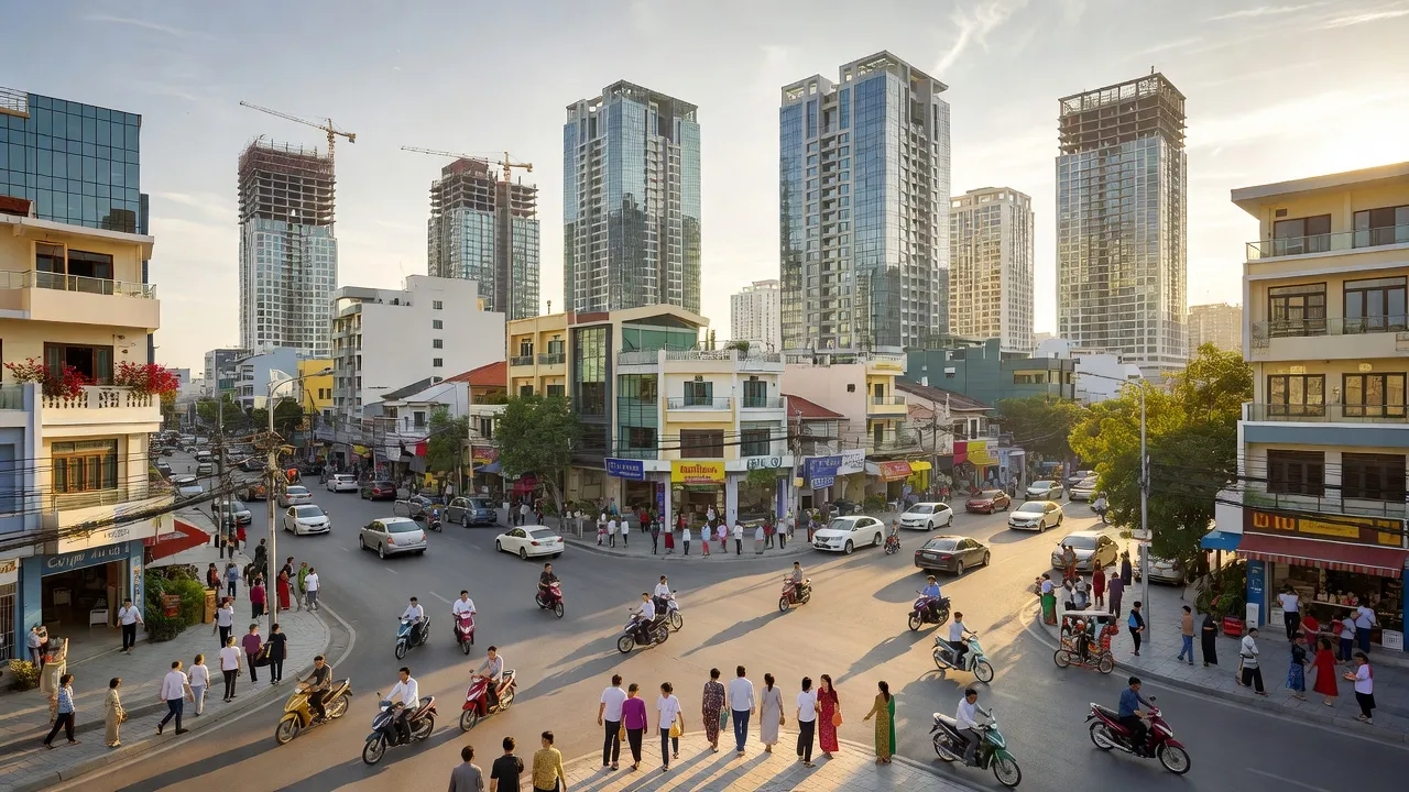 Khung cảnh phường An Bình, Rạch Giá với nhà ở hiện đại và đường phố năng động.