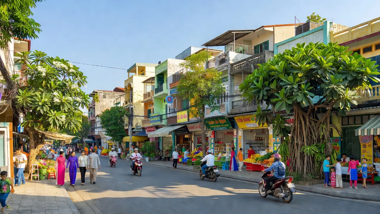 Khu phố An Hòa, thành phố Rạch Giá, Kiên Giang, cuộc sống đô thị và cây xanh dưới trời nắng.